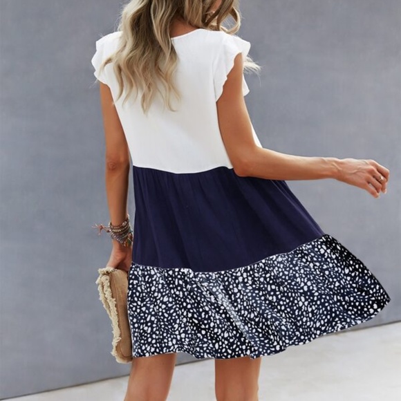 Leopard Print Color Block Ruffle Sleeve Babydoll Dress - Picture 2 of 6